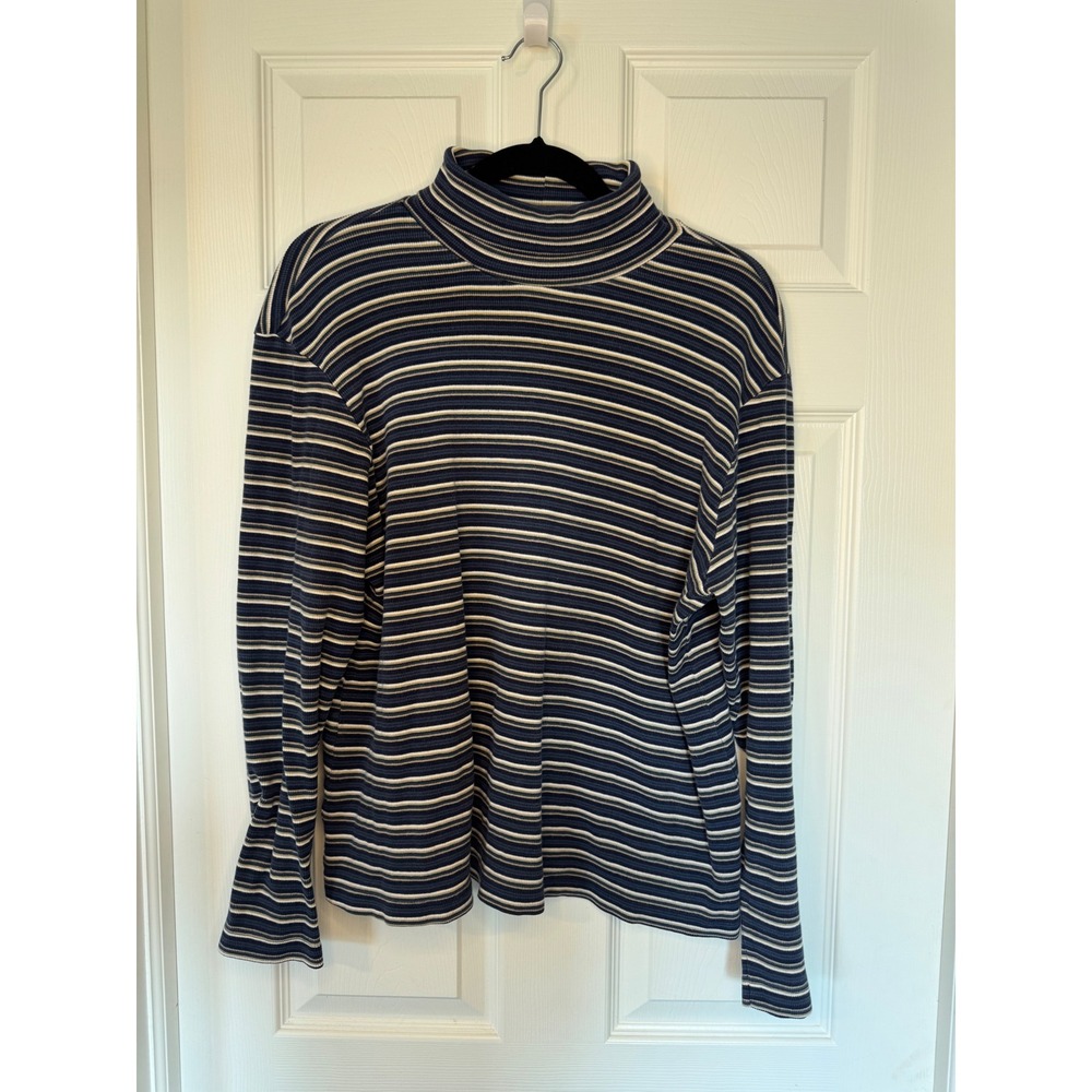 White Stag Womens XL Mock Neck Striped Ribbed Long Sleeve Top Navy Blue Tan
